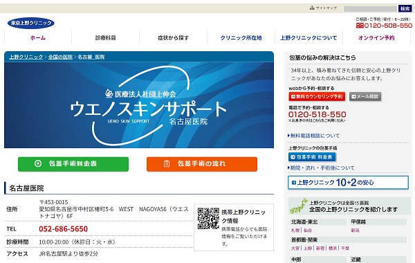 東京上野クリニック、ウエノスキンサポート名古屋医院のホームページ